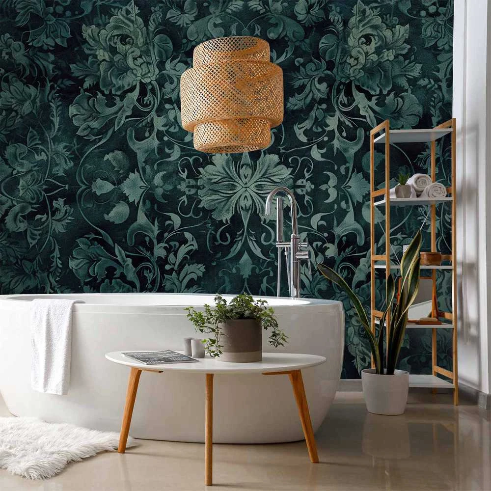 Artgeist Fototapetas - Oriental Pattern Carpet: Emerald Ornaments and Worn Patterns