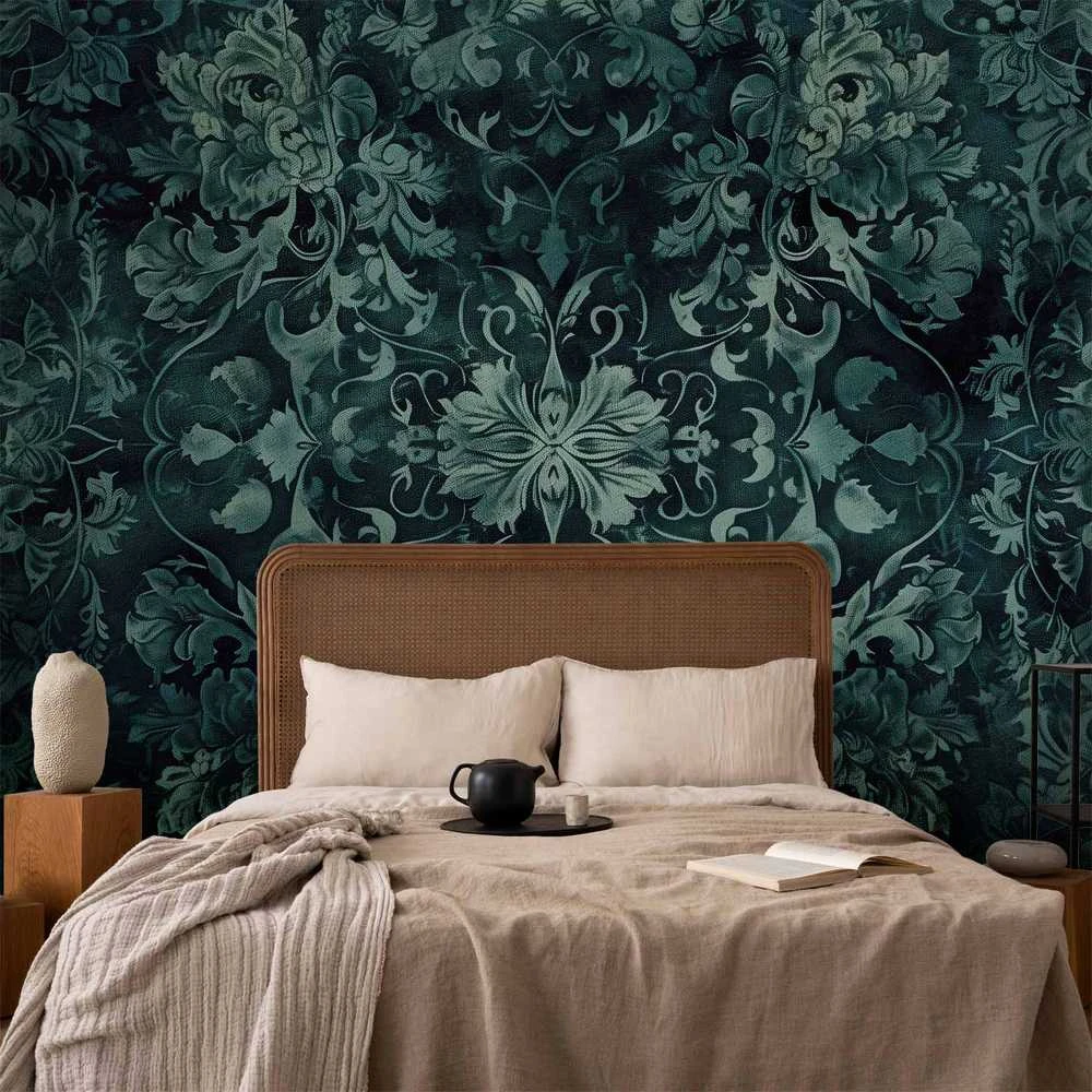 Artgeist Fototapetas - Oriental Pattern Carpet: Emerald Ornaments and Worn Patterns