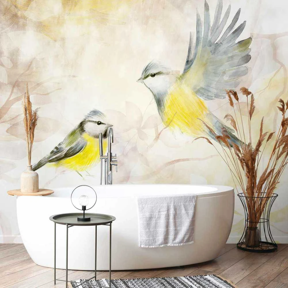 Artgeist Fototapetas - Painted tits - bird motif with patterns in yellow and beige tones