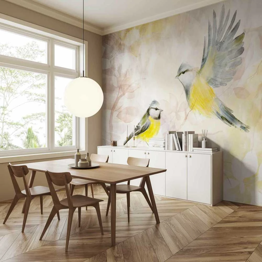 Artgeist Fototapetas - Painted tits - bird motif with patterns in yellow and beige tones