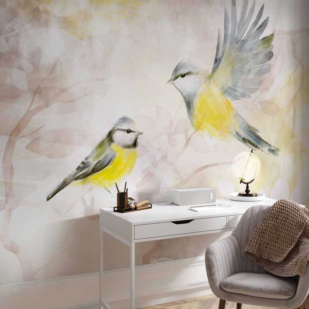 Artgeist Fototapetas - Painted tits - bird motif with patterns in yellow and beige tones