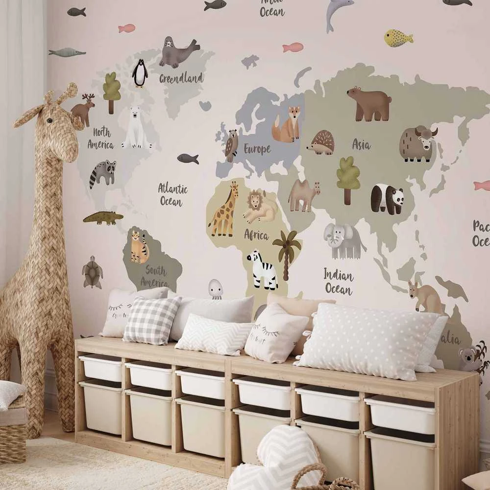 Artgeist Fototapetas - Pastel Map - Animals and Continents for Children's Room