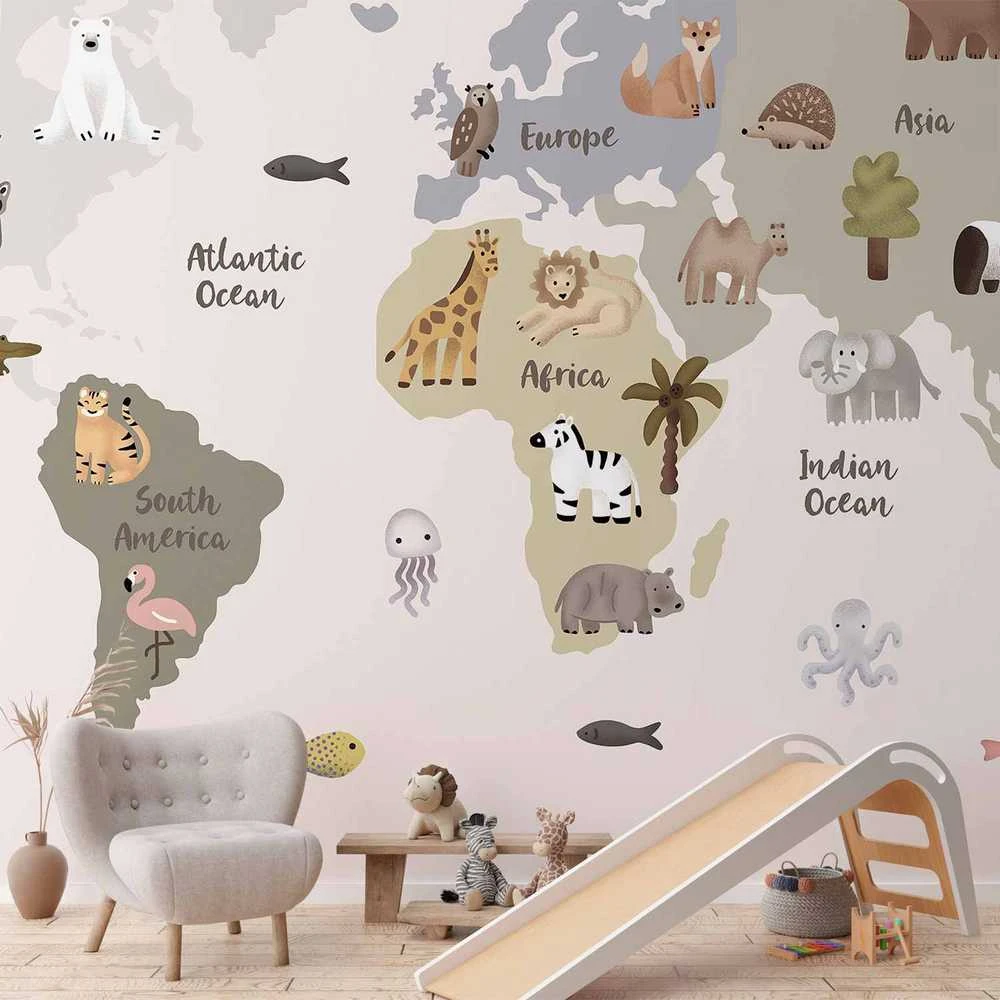 Artgeist Fototapetas - Pastel Map - Animals and Continents for Children's Room