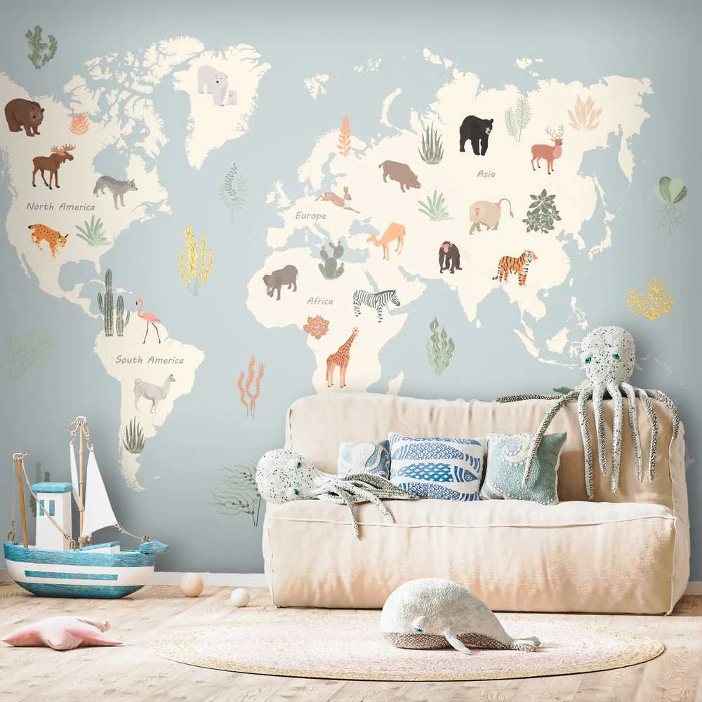 Artgeist Fototapetas - Pastel Planet - Animals and Underwater Plants on a Map