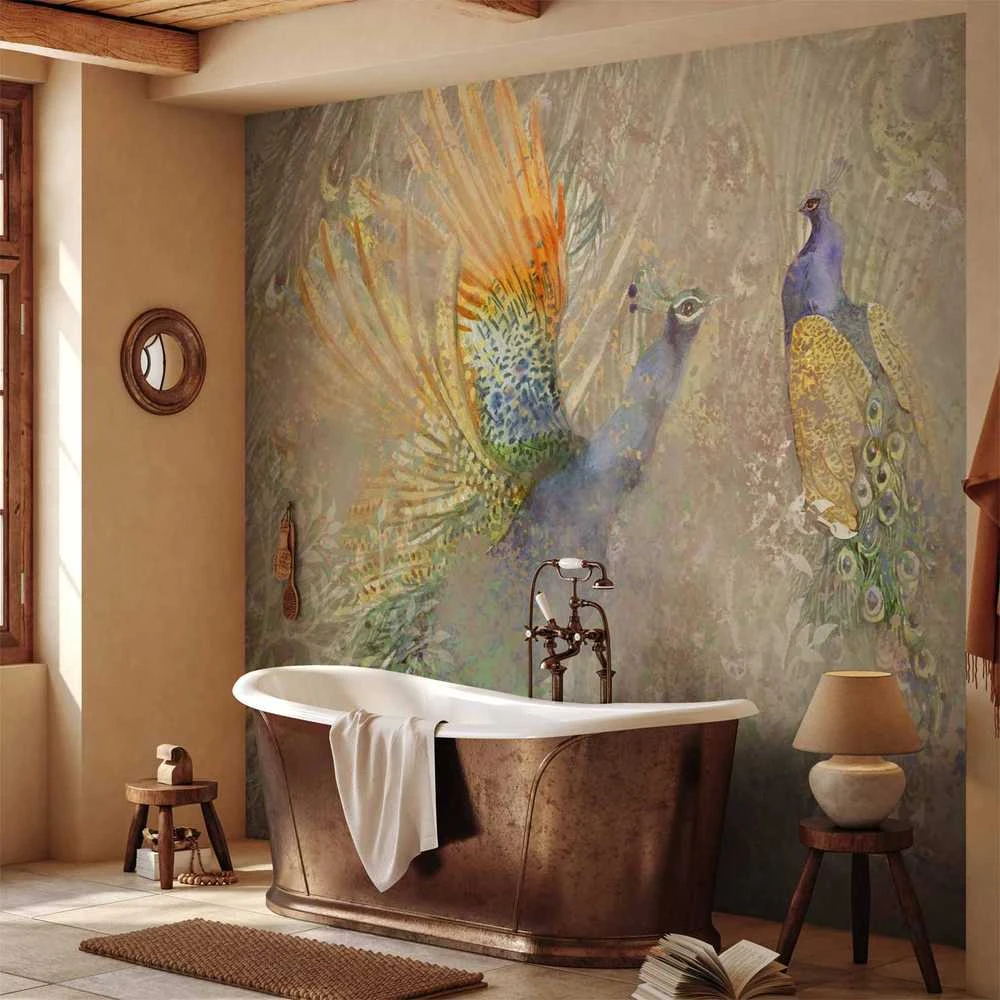 Artgeist Fototapetas - Peacocks in dance - bird motif among an abstract pattern with ornaments