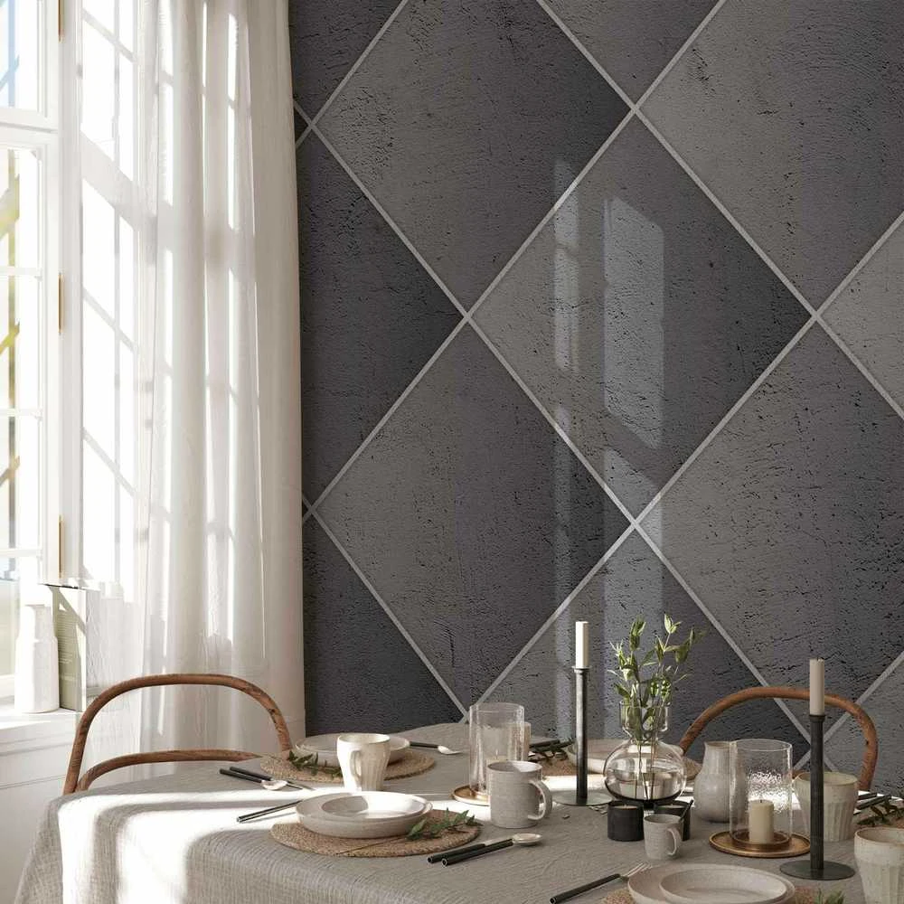 Artgeist Fototapetas - Pilkas symmetry - geometric concrete pattern with baltas joints