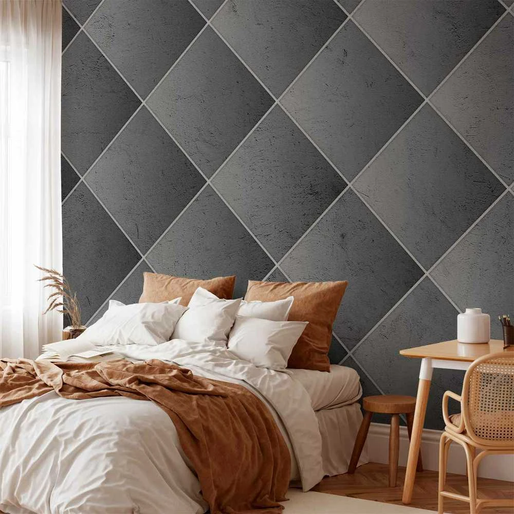 Artgeist Fototapetas - Pilkas symmetry - geometric concrete pattern with baltas joints