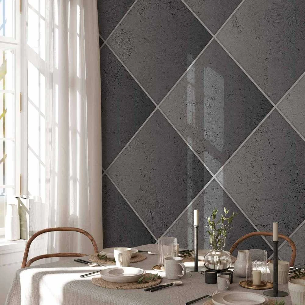 Artgeist Fototapetas - Pilkas symmetry - geometric concrete pattern with baltas joints