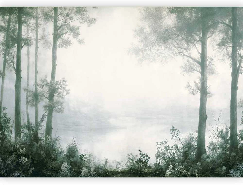 Artgeist Fototapetas - Retro Landscape - Grove Trees and Pond in Patinated Shades of Žalias