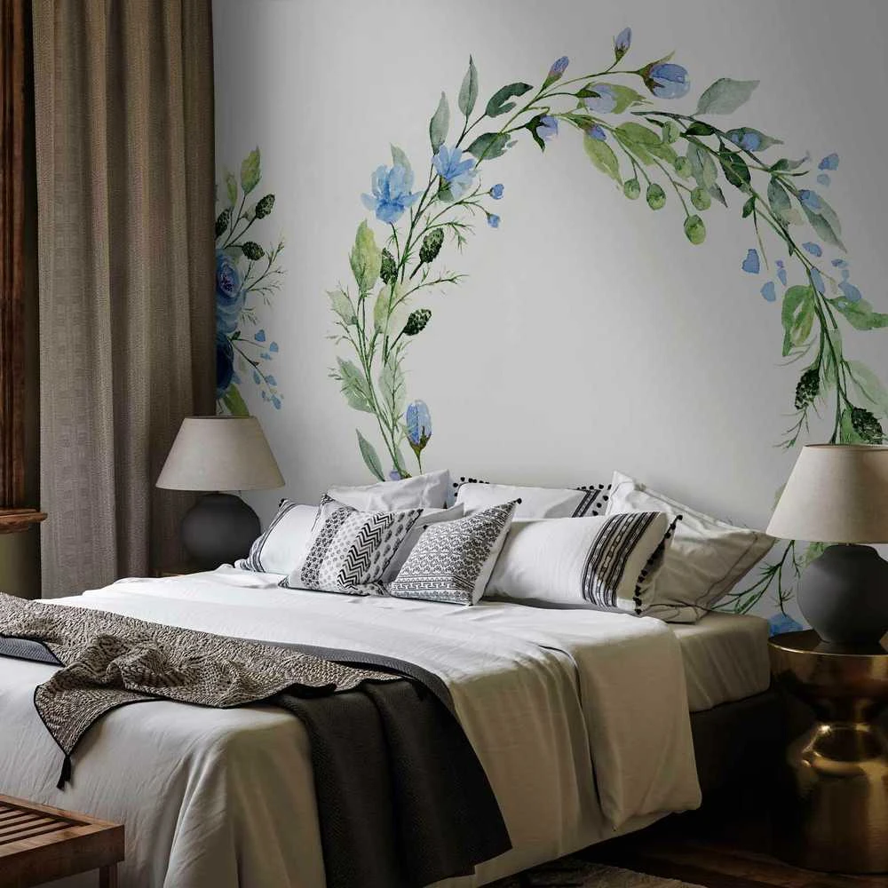 Artgeist Fototapetas - Romantic wreath - plant motif with mėlynas flowers and leaves