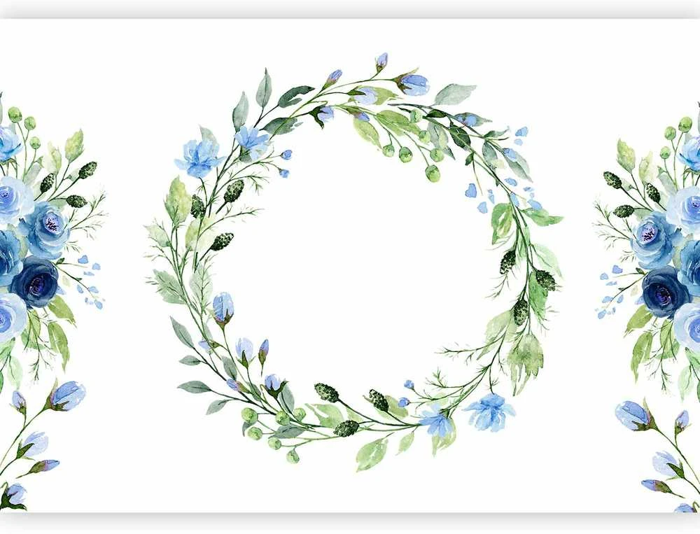 Artgeist Fototapetas - Romantic wreath - plant motif with mėlynas flowers and leaves