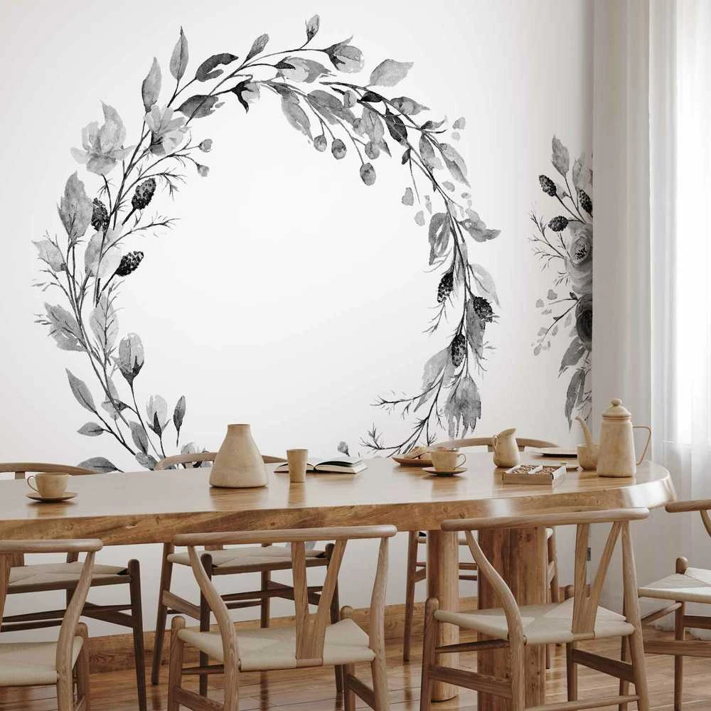 Artgeist Fototapetas - Romantic wreath - pilkas plant motif with leaves with rose pattern