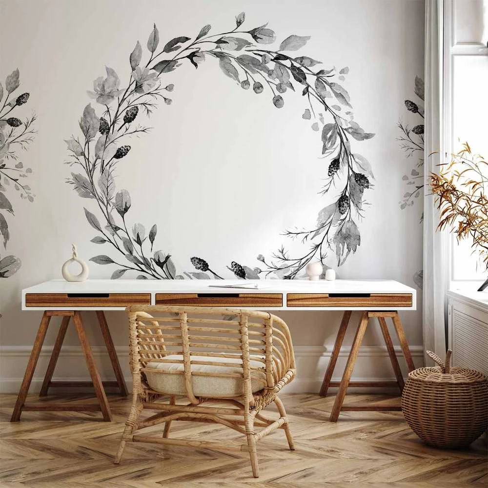 Artgeist Fototapetas - Romantic wreath - pilkas plant motif with leaves with rose pattern