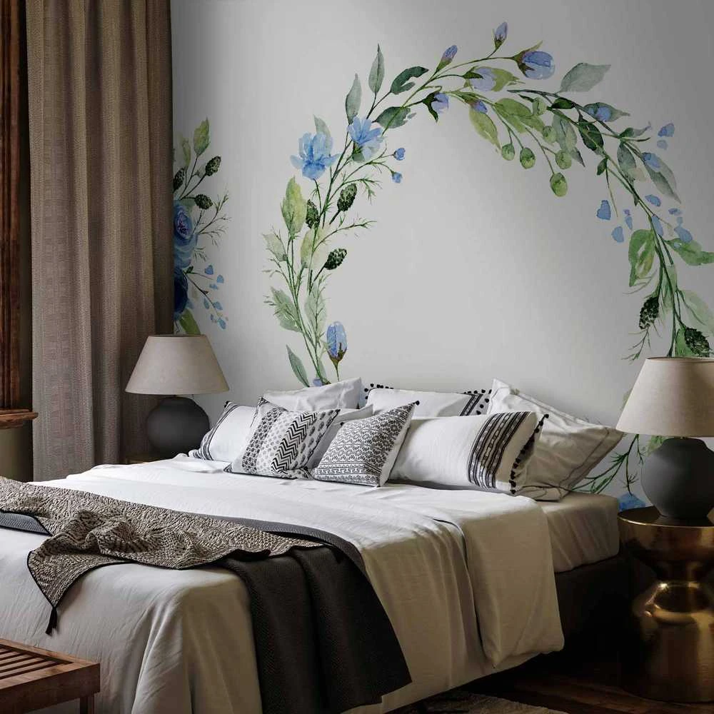 Artgeist Fototapetas - Romantic wreath - plant motif with mėlynas flowers and leaves