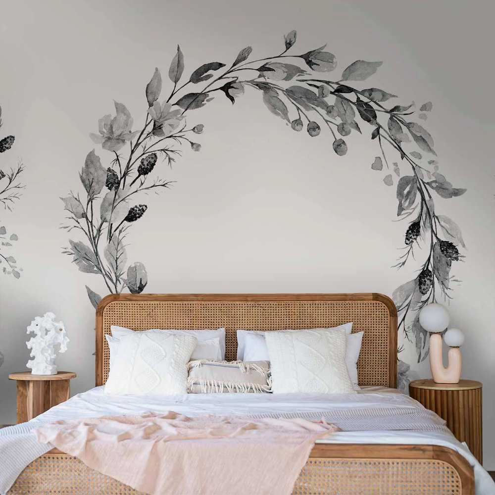 Artgeist Fototapetas - Romantic wreath - pilkas plant motif with leaves with rose pattern