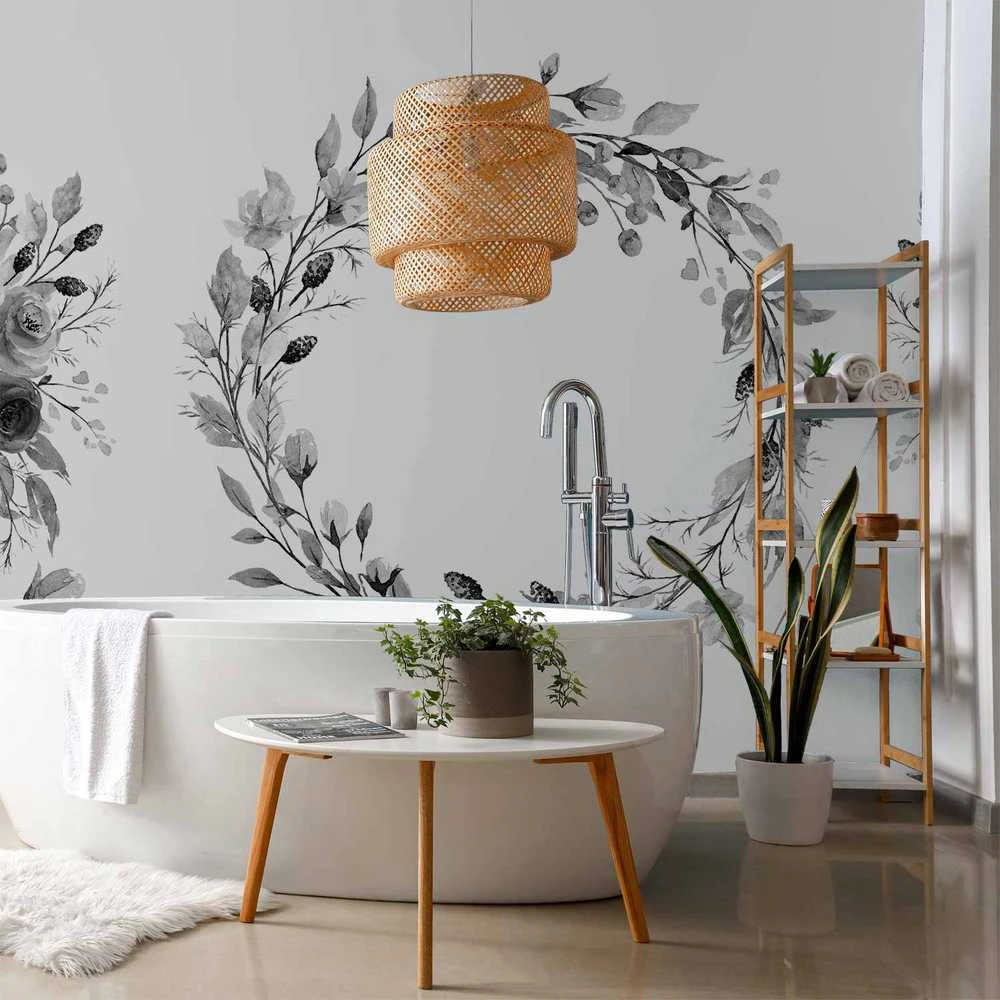 Artgeist Fototapetas - Romantic wreath - pilkas plant motif with leaves with rose pattern