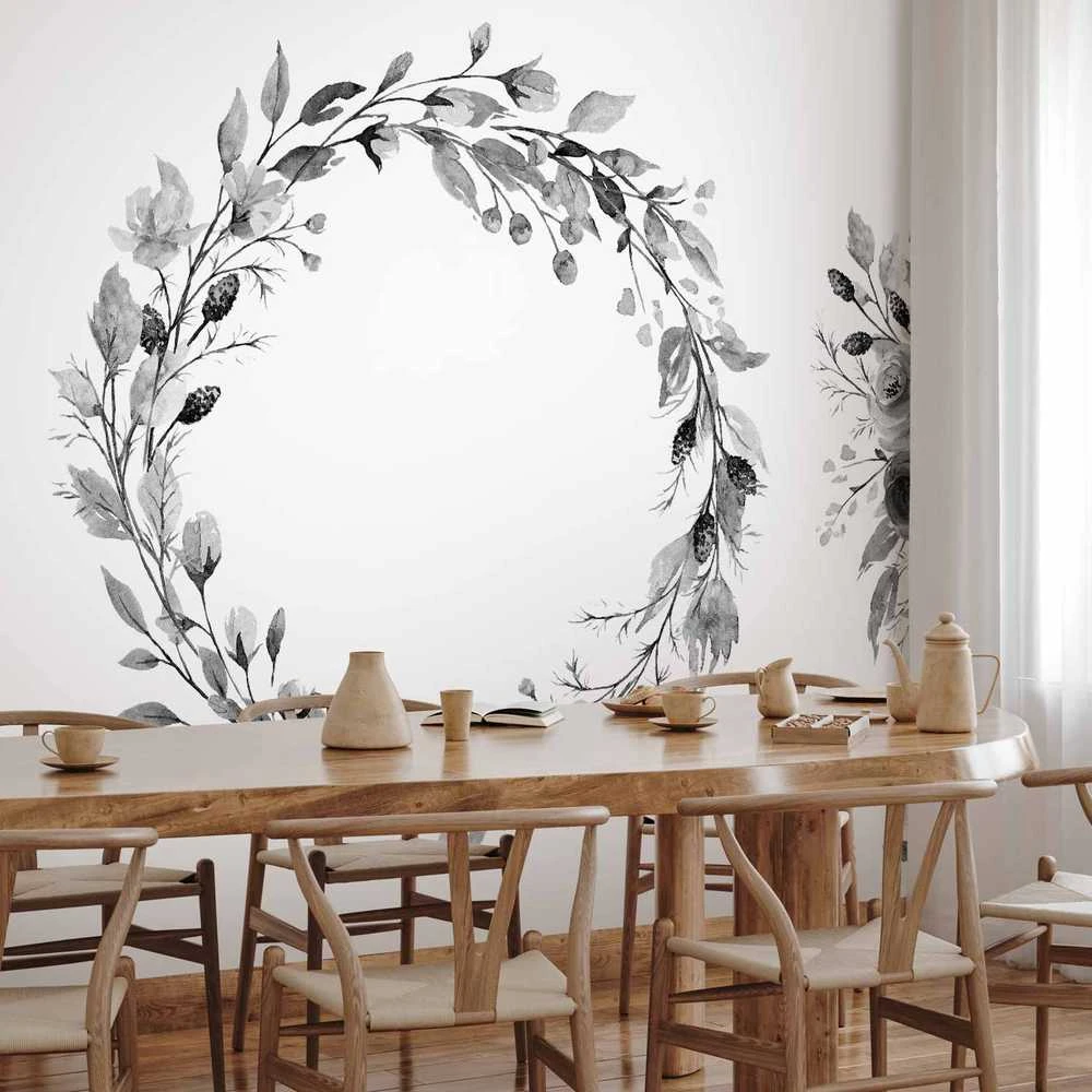 Artgeist Fototapetas - Romantic wreath - pilkas plant motif with leaves with rose pattern