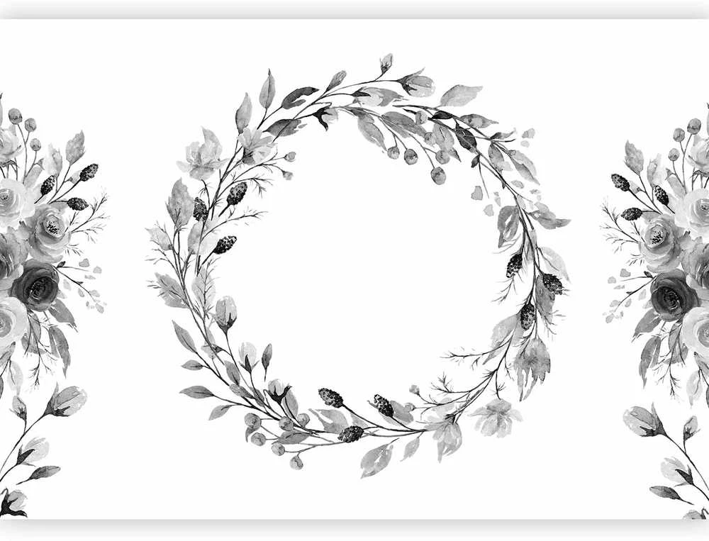 Artgeist Fototapetas - Romantic wreath - pilkas plant motif with leaves with rose pattern
