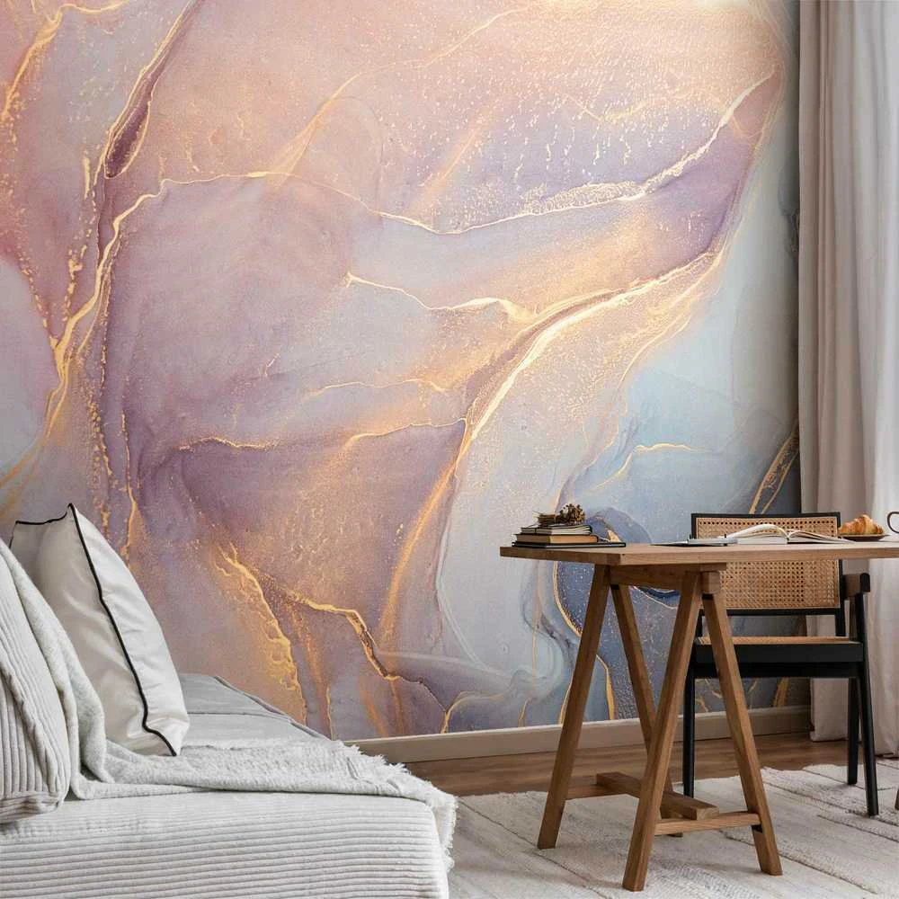 Artgeist Fototapetas - Rožinė and Mėlyna Marble - Abstract Watercolour With Gold Accent