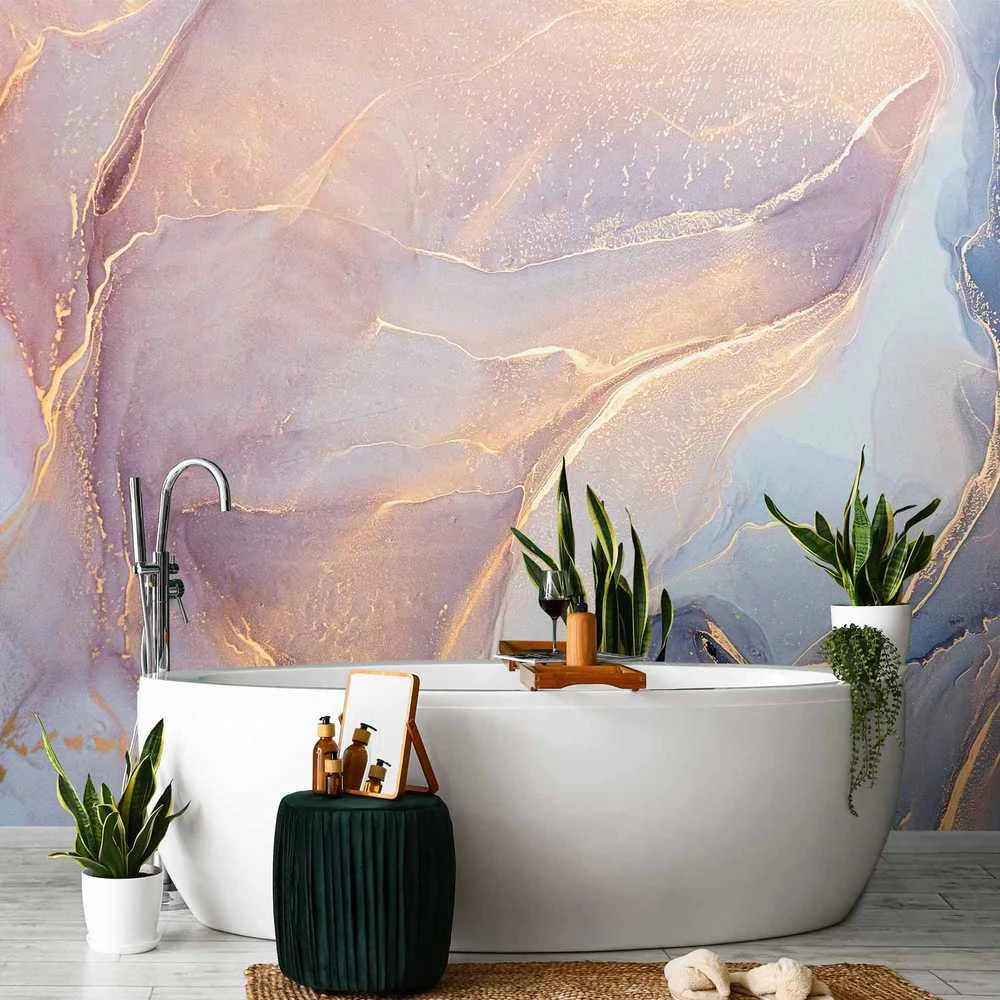 Artgeist Fototapetas - Rožinė and Mėlyna Marble - Abstract Watercolour With Gold Accent