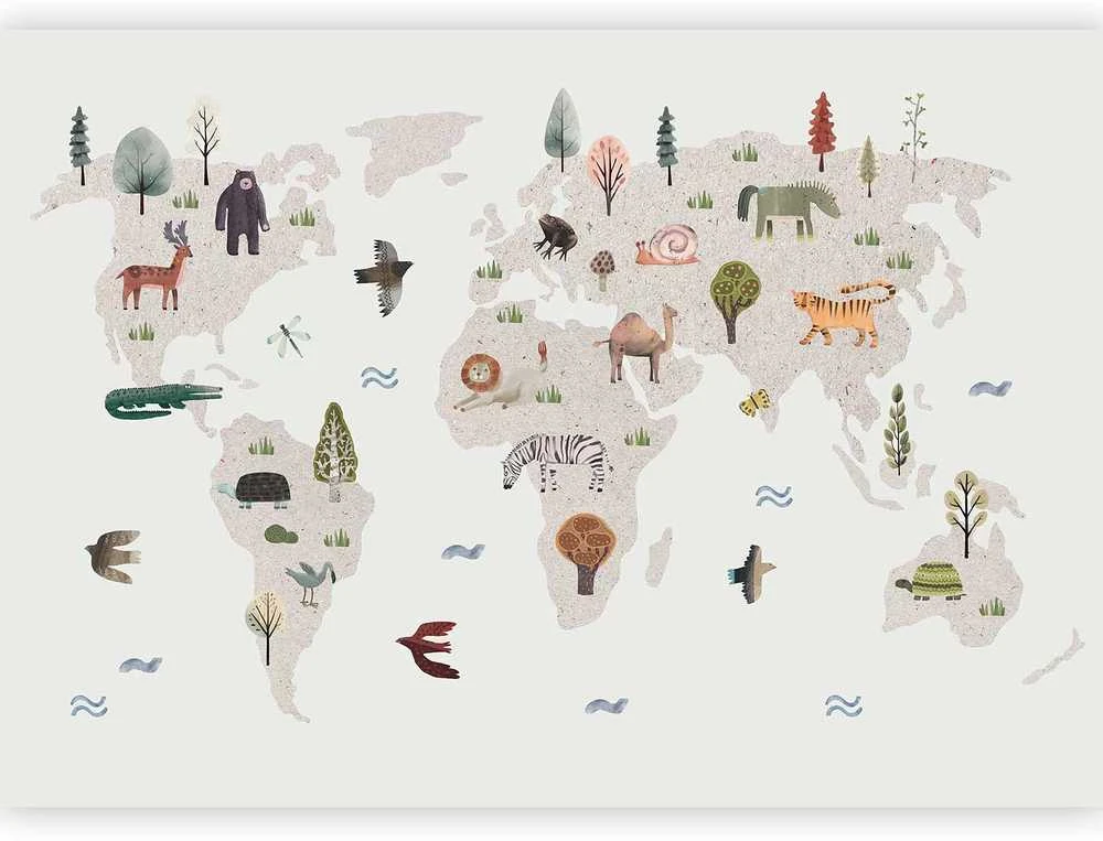 Artgeist Fototapetas - rusvai gelsvas World - Continents With Animals in Muted Colours