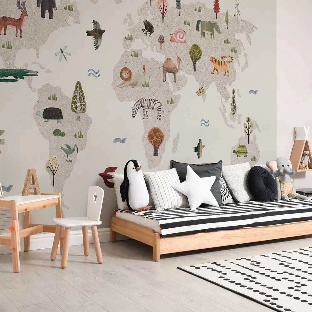 Artgeist Fototapetas - rusvai gelsvas World - Continents With Animals in Muted Colours