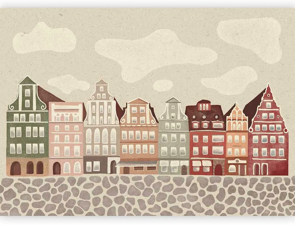 Artgeist Fototapetas - Salt Square - Colorful Illustrated Townhouses Against a Cloudy Sky Background