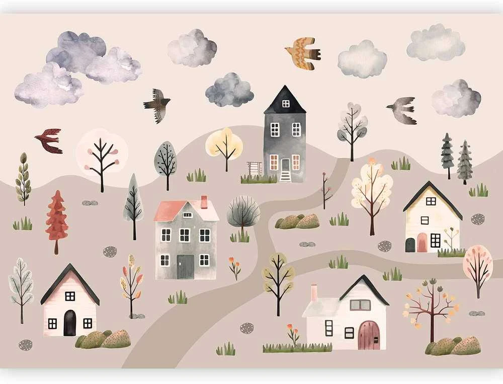 Artgeist Fototapetas - Scandinavian Valley - Village in Pastel Colours Painted in Watercolours