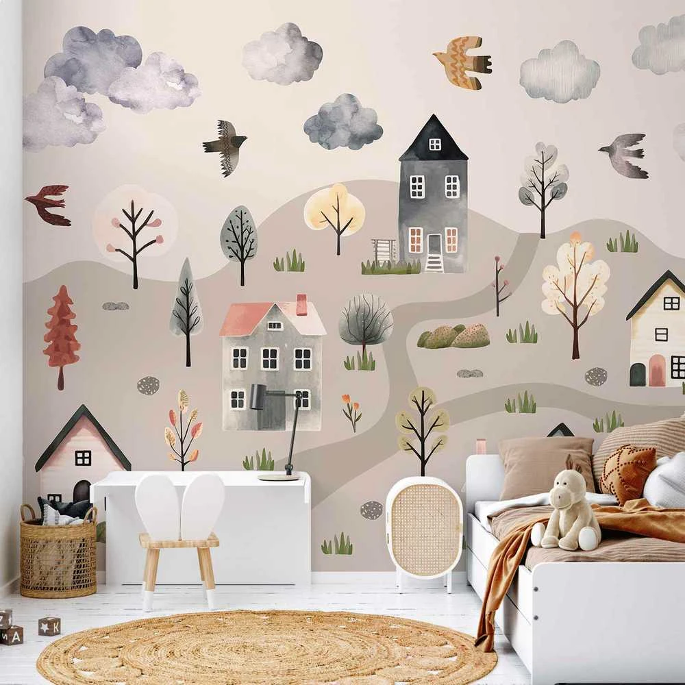 Artgeist Fototapetas - Scandinavian Valley - Village in Pastel Colours Painted in Watercolours