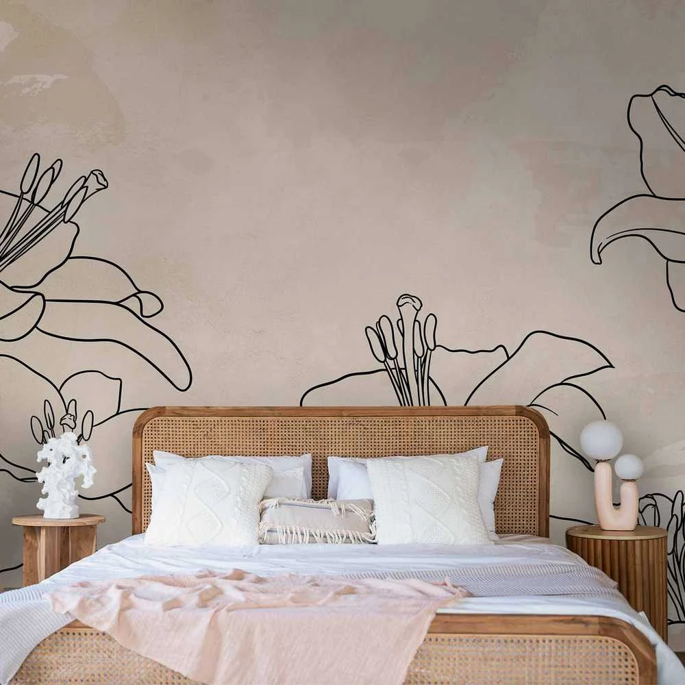 Artgeist Fototapetas - Sketch of nature - minimalist lineart with lily flowers on a beige background