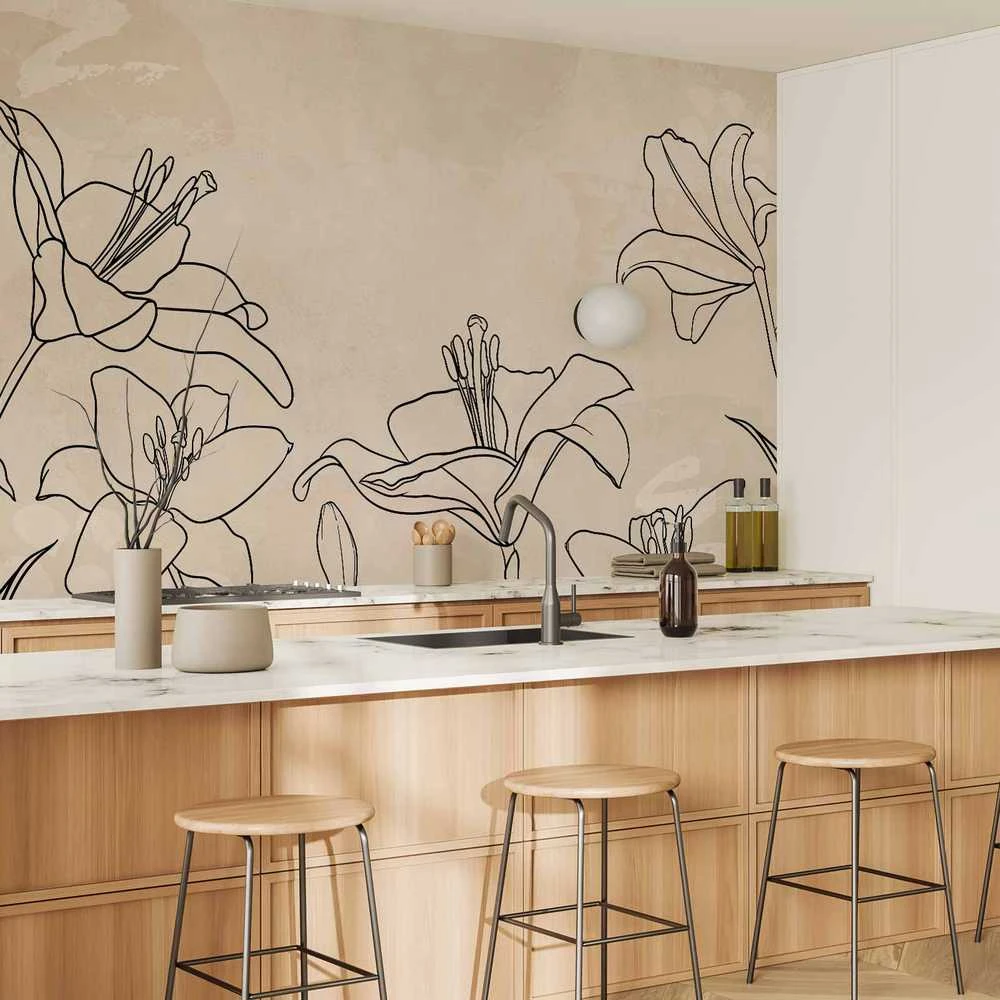 Artgeist Fototapetas - Sketch of nature - minimalist lineart with lily flowers on a beige background