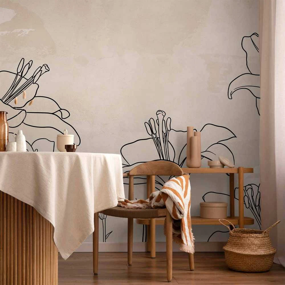 Artgeist Fototapetas - Sketch of nature - minimalist lineart with lily flowers on a beige background