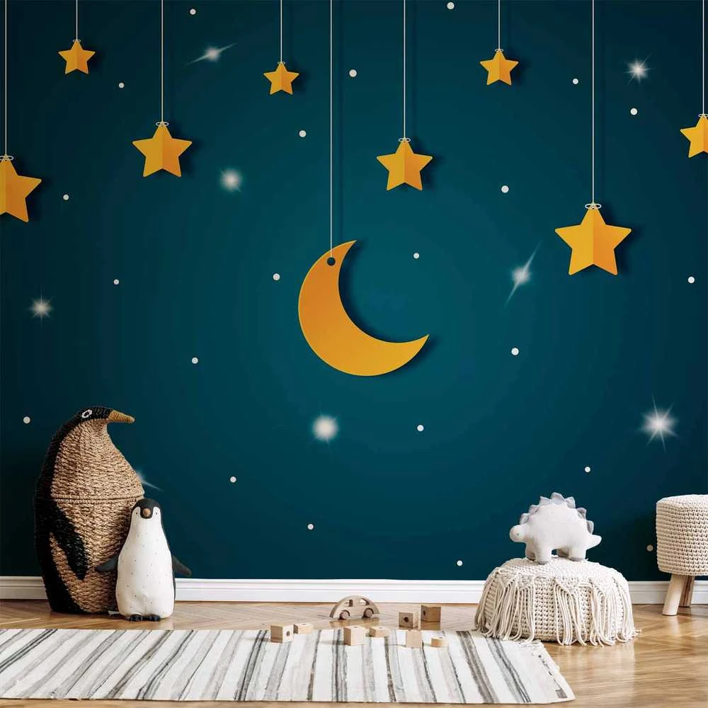 Artgeist Fototapetas - Skyline - turquoise night sky landscape with stars for children