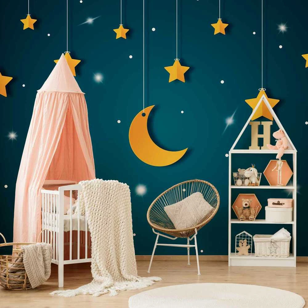 Artgeist Fototapetas - Skyline - turquoise night sky landscape with stars for children