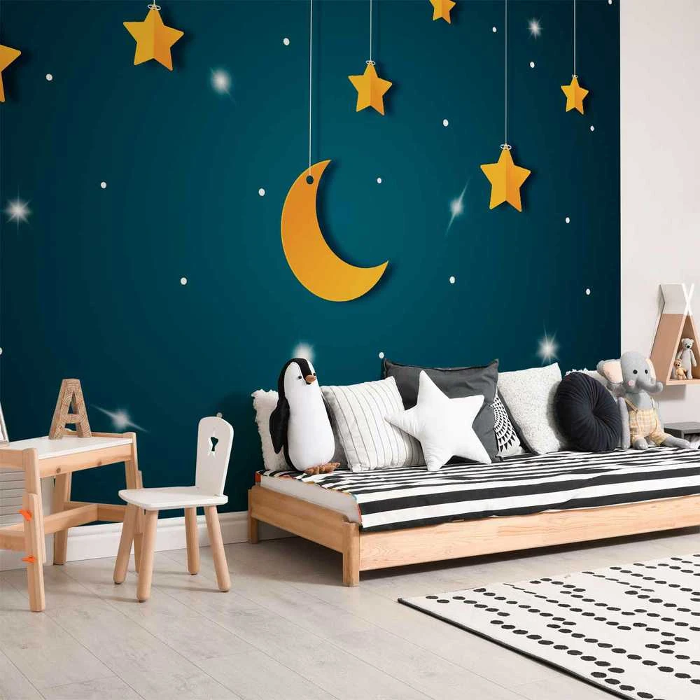 Artgeist Fototapetas - Skyline - turquoise night sky landscape with stars for children