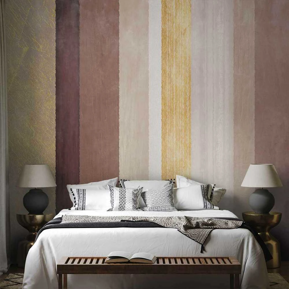 Artgeist Fototapetas - Striped pattern - abstract background in stripes of different colours with auksinis pattern