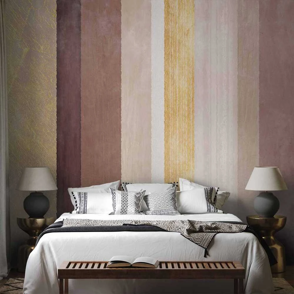 Artgeist Fototapetas - Striped pattern - abstract background in stripes of different colours with auksinis pattern