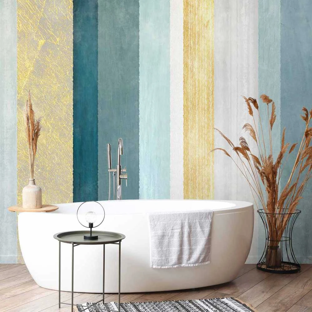 Artgeist Fototapetas - Striped pattern - abstract background in stripes in mėlynas tones with auksinis pattern
