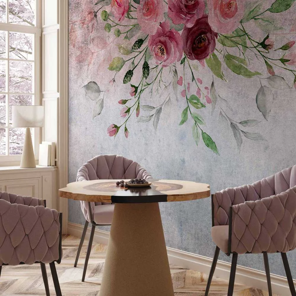Artgeist Fototapetas - Summer bloom - plant motif with flowers and leaves in pink tones