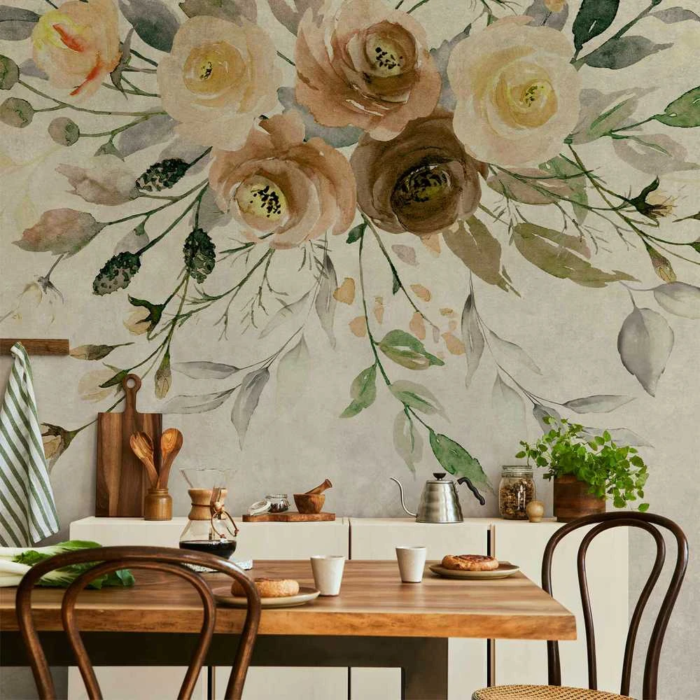 Artgeist Fototapetas - Summer bloom - retro floral motif with flowers and leaves with patterns