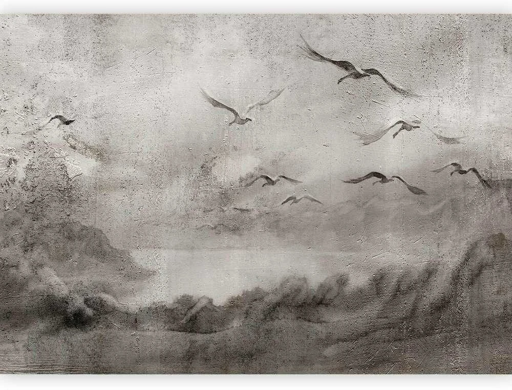 Artgeist Fototapetas - Swan flight - abstract landscape of birds over a lake with texture