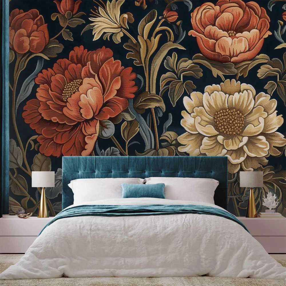 Artgeist Fototapetas - Tapestry Large Flowers Retro Floral Motif in Kilim Style