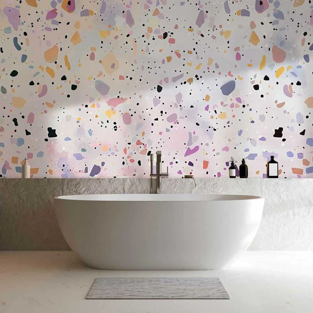 Artgeist Fototapetas - Terrazzo in Confetti Style Violet-Rožinė Colorful Pattern