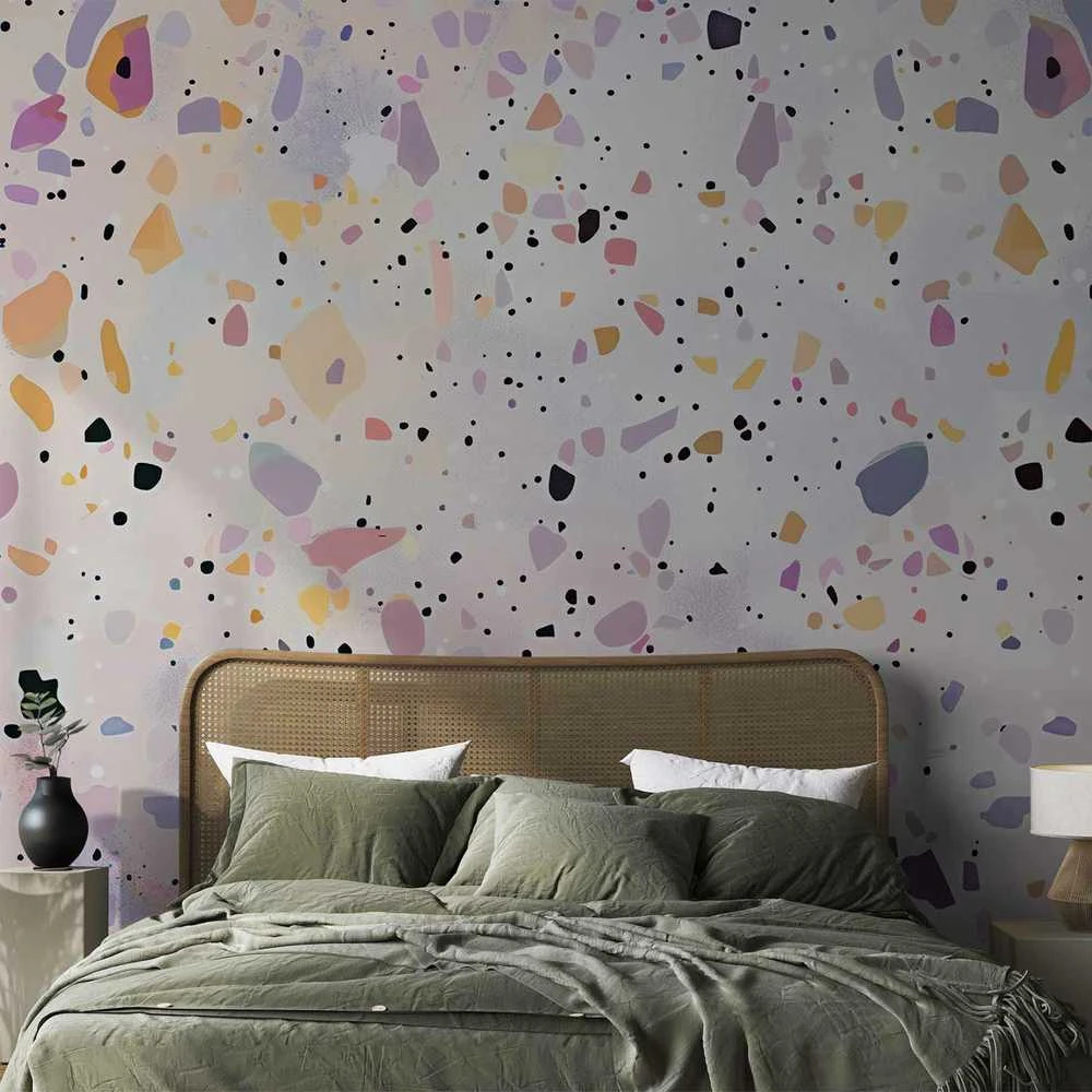 Artgeist Fototapetas - Terrazzo in Confetti Style Violet-Rožinė Colorful Pattern