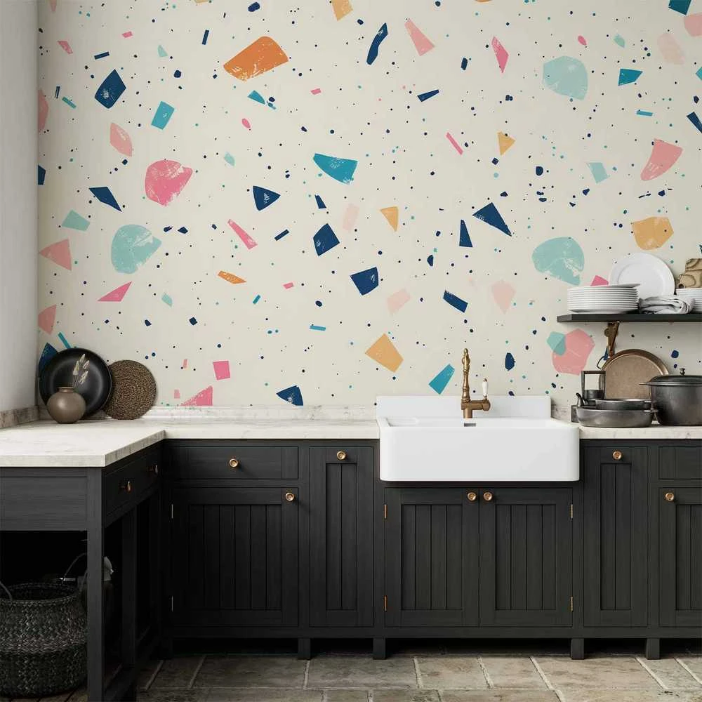 Artgeist Fototapetas - Terrazzo with Multicolored Large Elements Cheerful Pattern on a Light Background