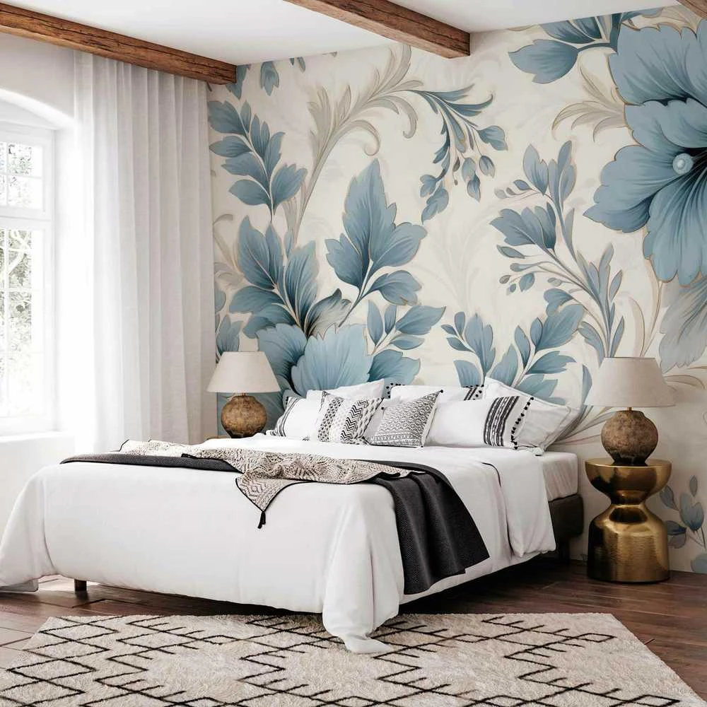 Artgeist Fototapetas - Turquoise Flowers in Retro Ambience - Floristic Ornaments