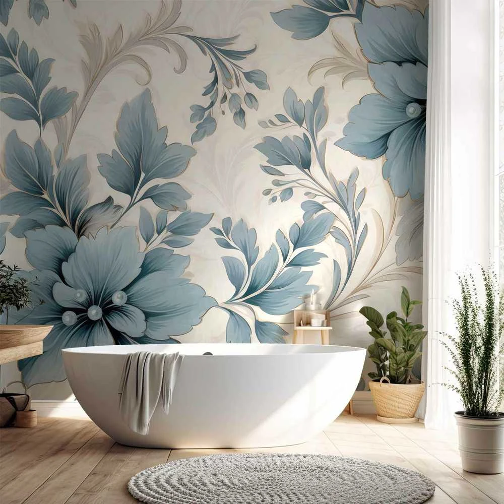 Artgeist Fototapetas - Turquoise Flowers in Retro Ambience - Floristic Ornaments