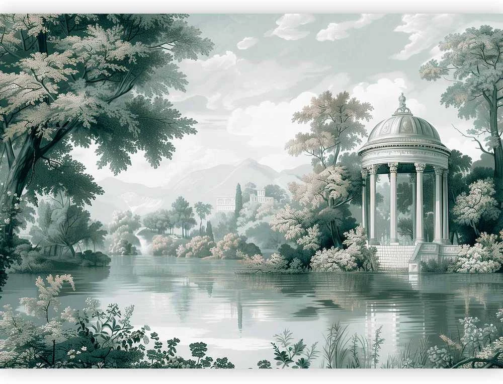 Artgeist Fototapetas - View of the Park and Lake Retro Vintage Landscape in Greens