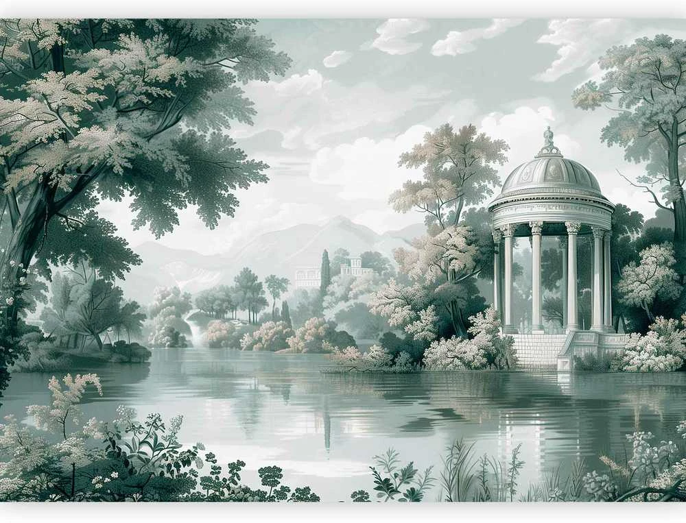 Artgeist Fototapetas - View of the Park and Lake Retro Vintage Landscape in Greens