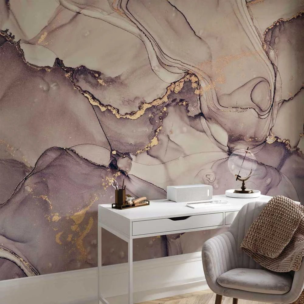 Artgeist Fototapetas - Watercolour Abstraction - Powder Rožinė Marble With Gold Accents